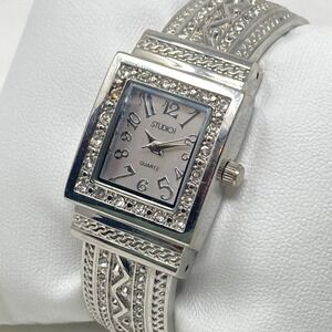 Studio Time Cuff Watch Women Silver Tone Bling Textured Band New Battery 6.25"